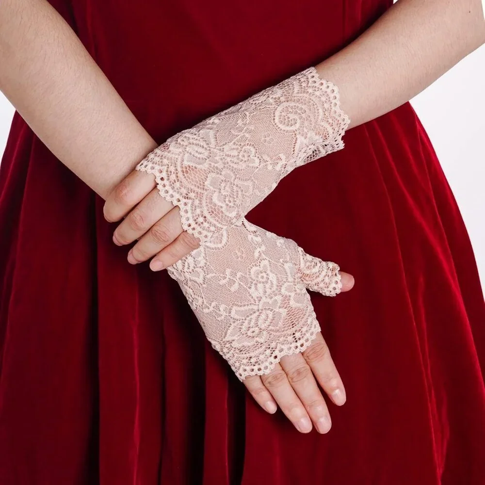 Women's 2 Pair Apricot Lace Fingerless Gloves Party Costume Accessories